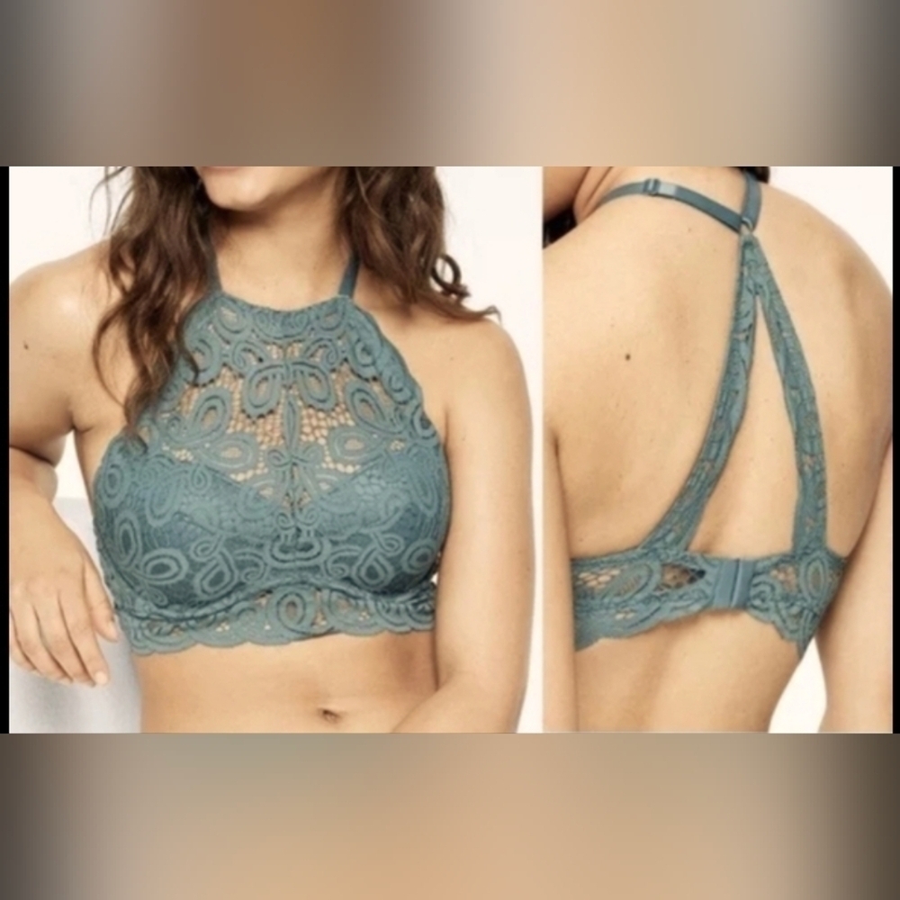 NWT VS PINK teal  lace high neck pushup bralette bra top Size XS
